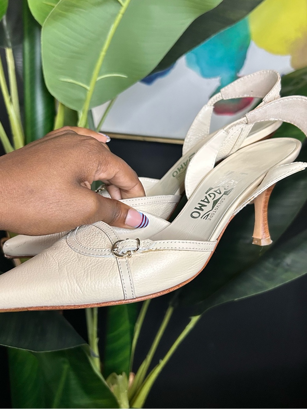Salvatore Ferragamo Vintage Ivory Leather Pointed Slingback Pumps with Buckle - Picture 5 of 5